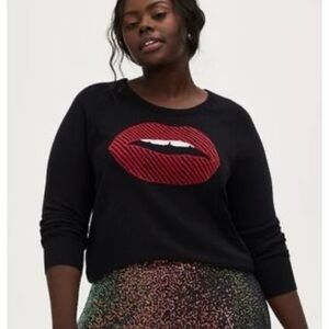 Torrid Crewneck Graphic Lip Raglan Sweater Black Casual Size 2X